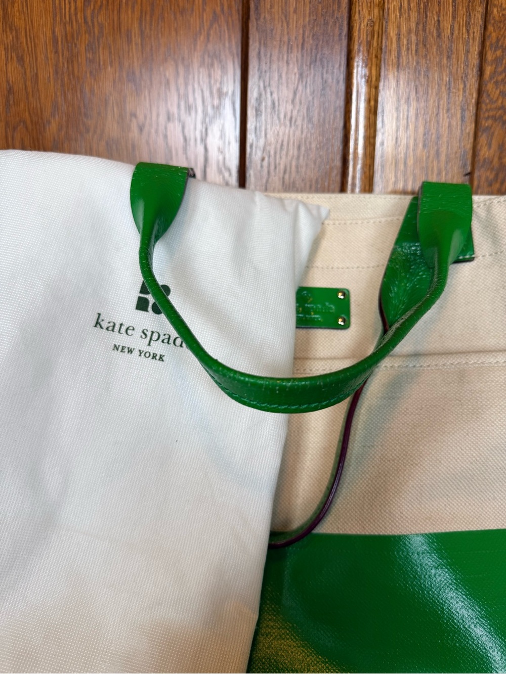 kate spade Green and Cream Canvas Tote with Shiny Green Trim